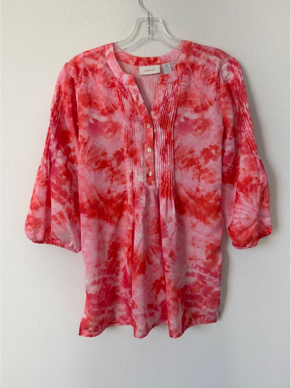 Chico’s 3/4 Sleeve Half Button Pink Tone Tie Dye Tunic Blouse Women's Size 0 (S)
